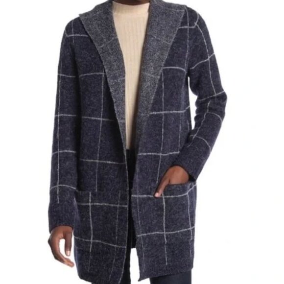 SOLD Cyrus Windowpane Plaid Long Hooded Open Front Cardigan Patch Pockets Size M - Picture 1 of 12
